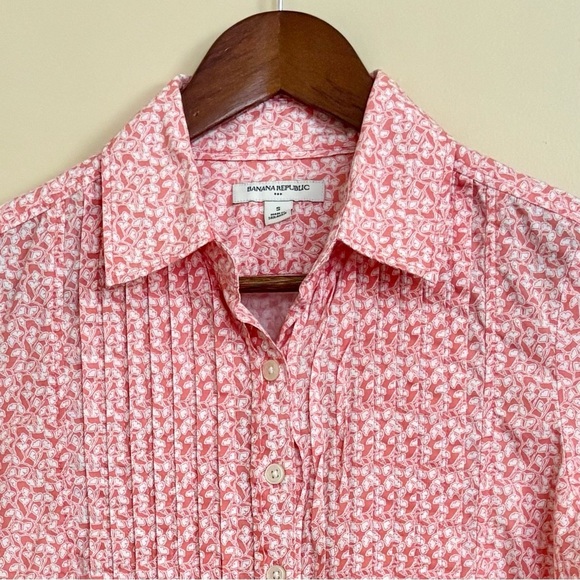 Banana Republic| Cotton Pink/White Roll Tab Sleeve Leaf Print Blouse Sz S - Picture 1 of 5